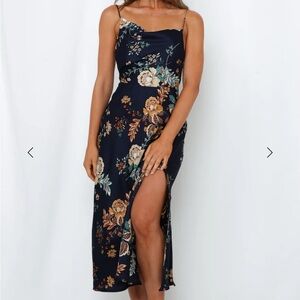 Hello Molly Navy Floral Atlas Elegant Satin Midi Dress Size S